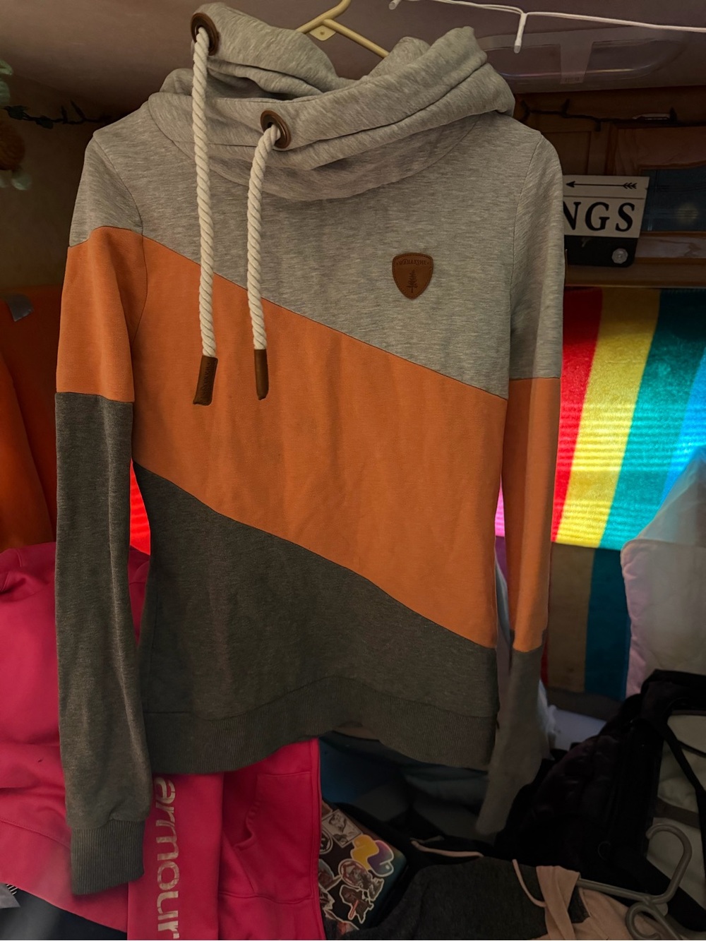 Wanakome Gray and Orange Colorblock Funnel Neck Pullover